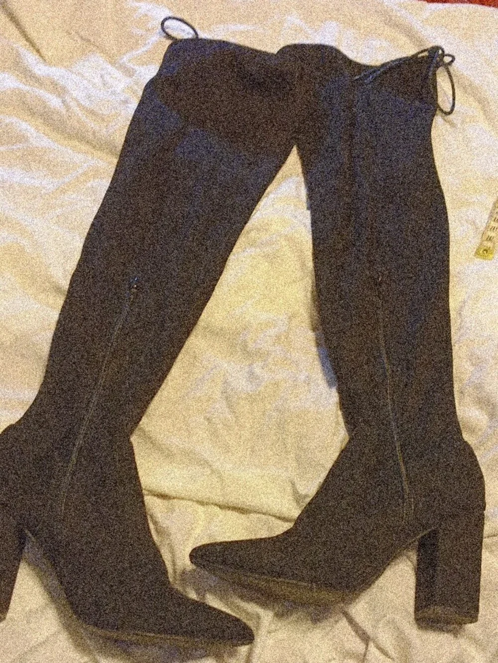 Tall Black Over-the-Knee Black Heel Boots with Back Tie